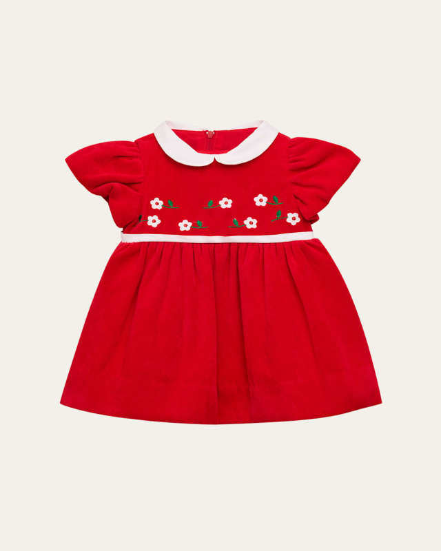 Girl's Velvet Waist Dress with Flowers, Size 6M-24